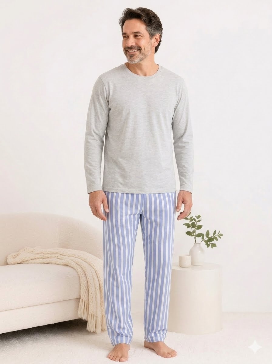 Pijama Masculino Manga Longa Algodão – Estampa Listrada Clássico.