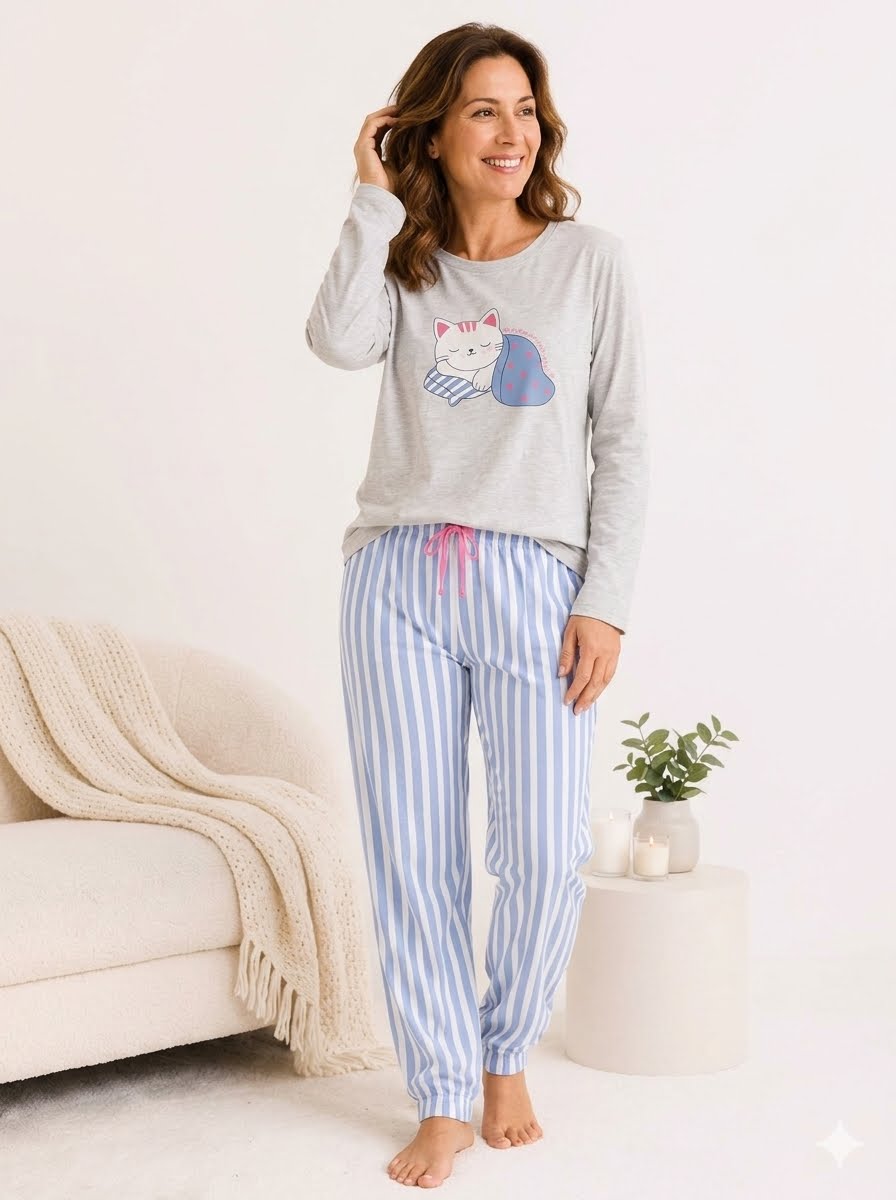 Pijama Feminino Manga Longa Algodão Listrado.