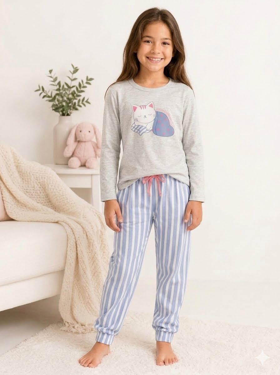 Pijama Infantil Manga Longa Algodão – Estampa Gatinho Listrado.