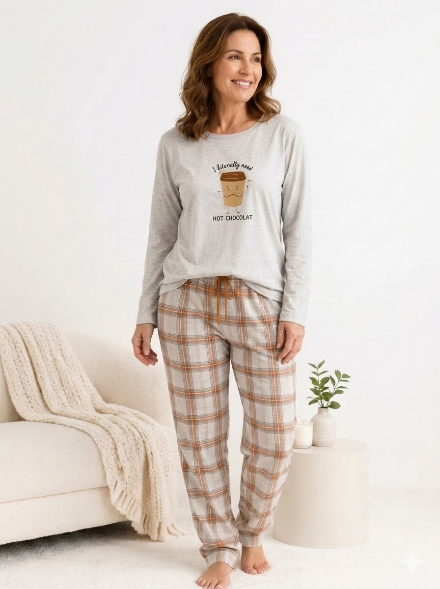 Pijama Feminino Manga Longa Algodão – Estampa Xadrez Classic.